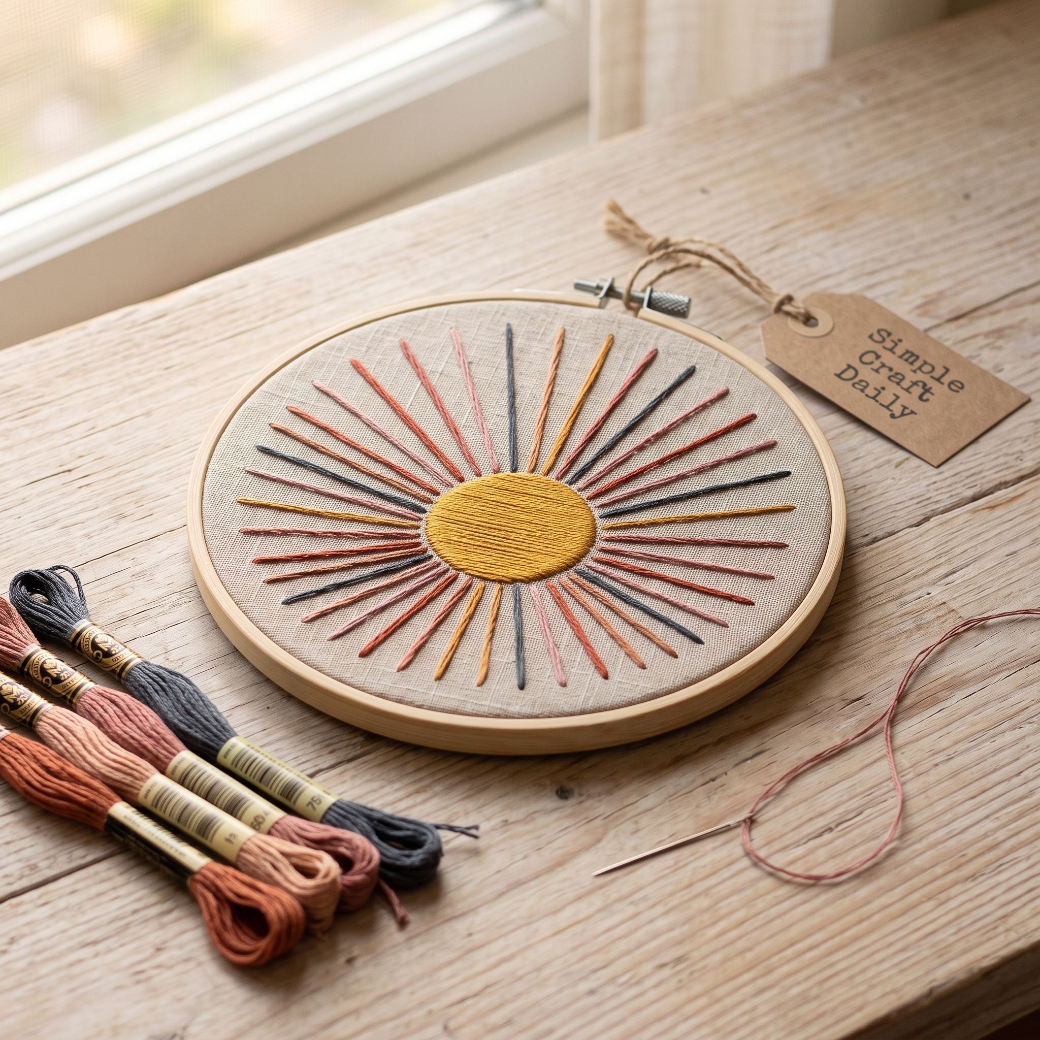 Mustard sun with radiating terracotta and dusty rose stitches on linen
