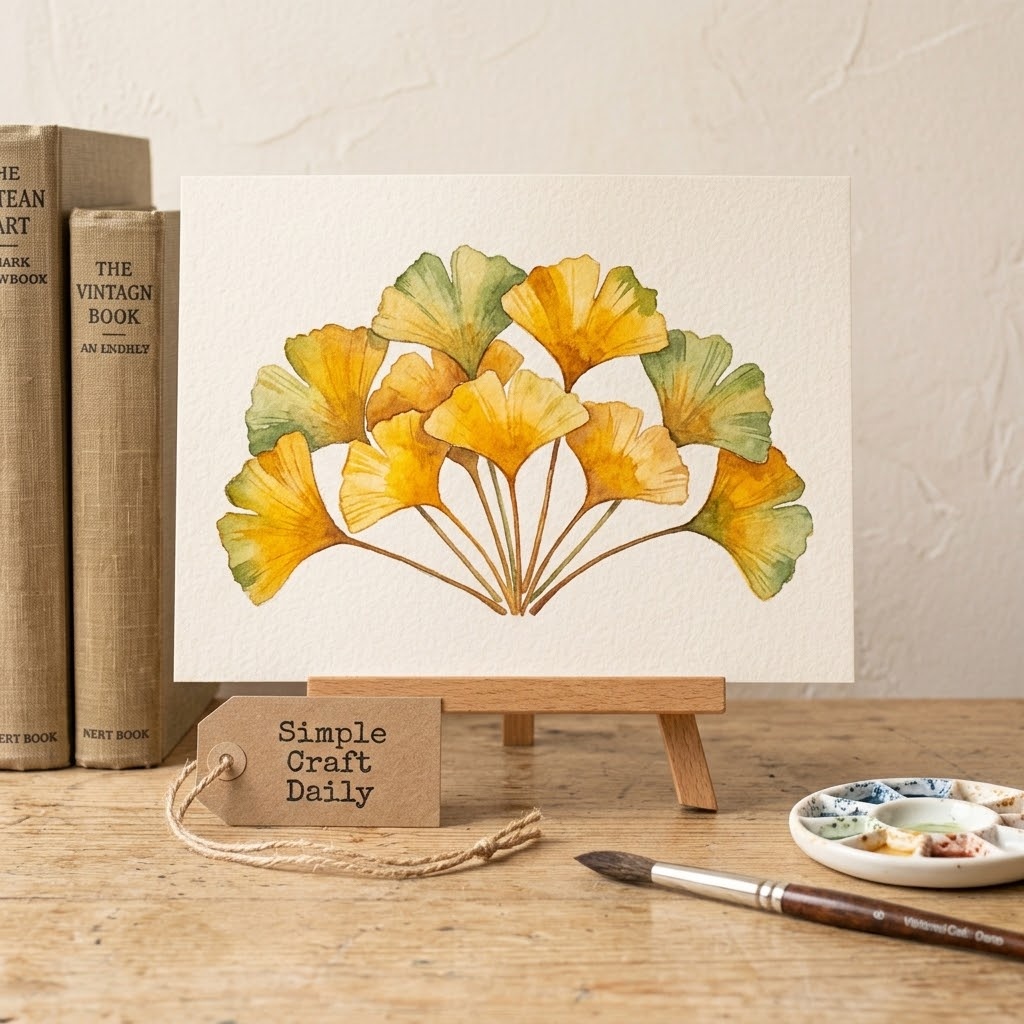 Golden ginkgo leaves with fresh green tips painted on cream watercolor paper.