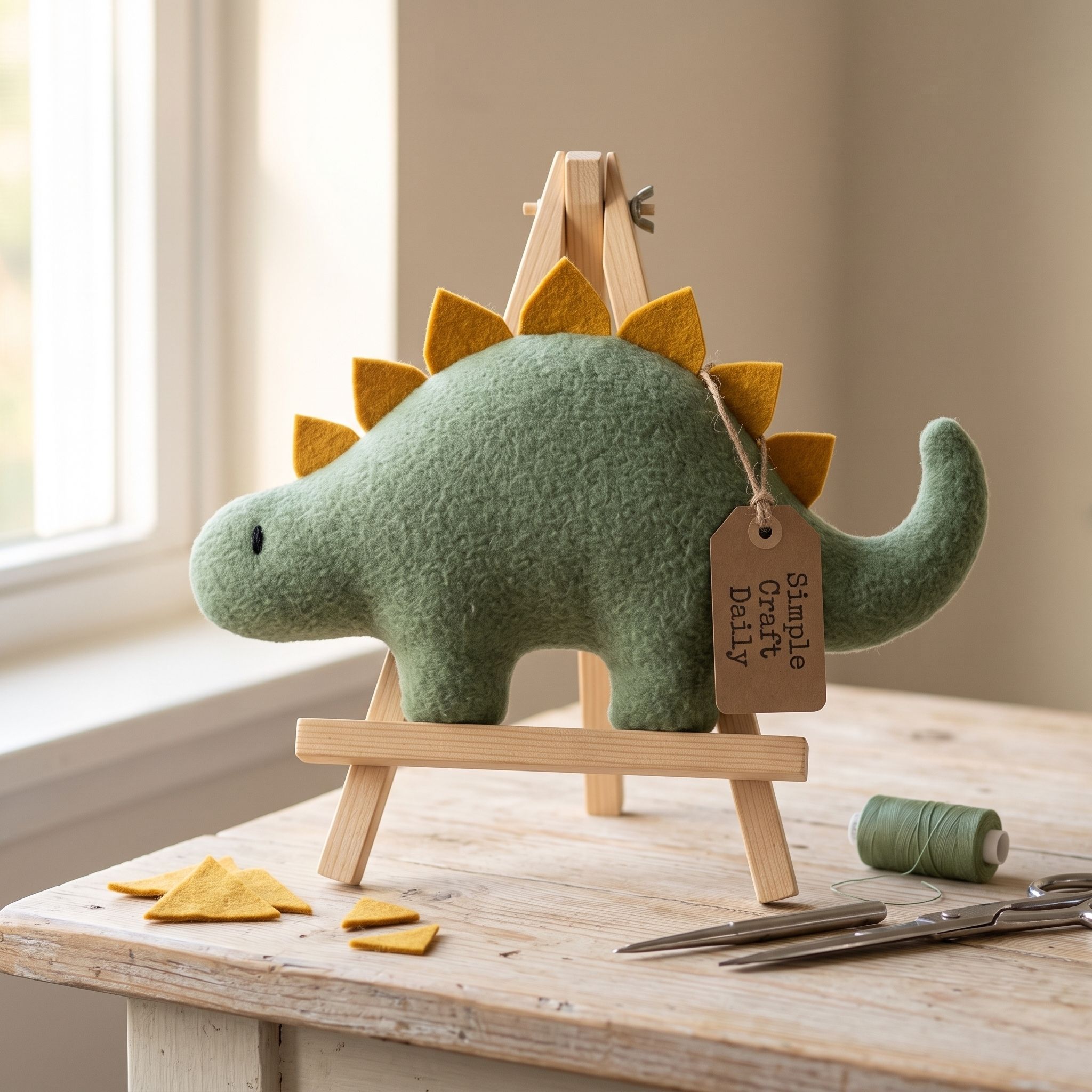 DIY Handmade Stuffed Animals green fleece dinosaur with mustard felt spikes