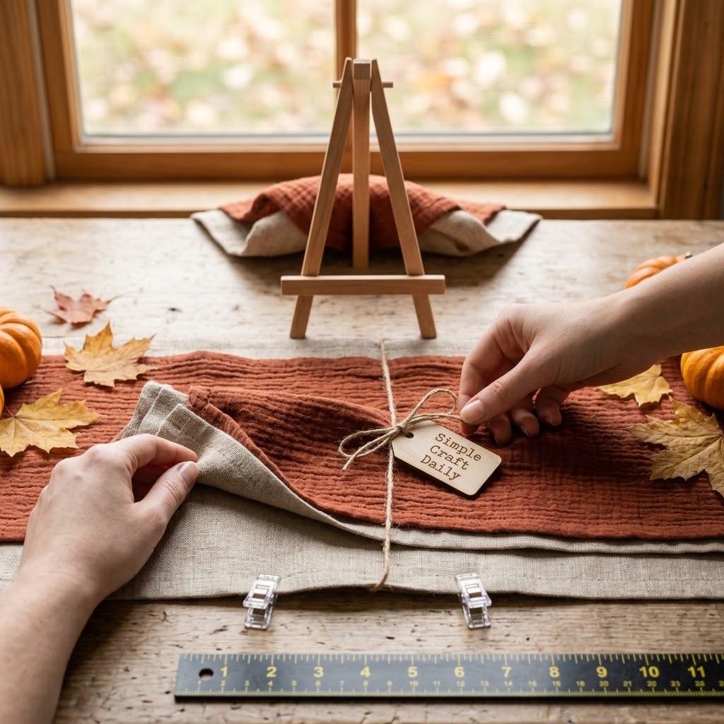 DIY fall decorations layered linen and gauze table runner