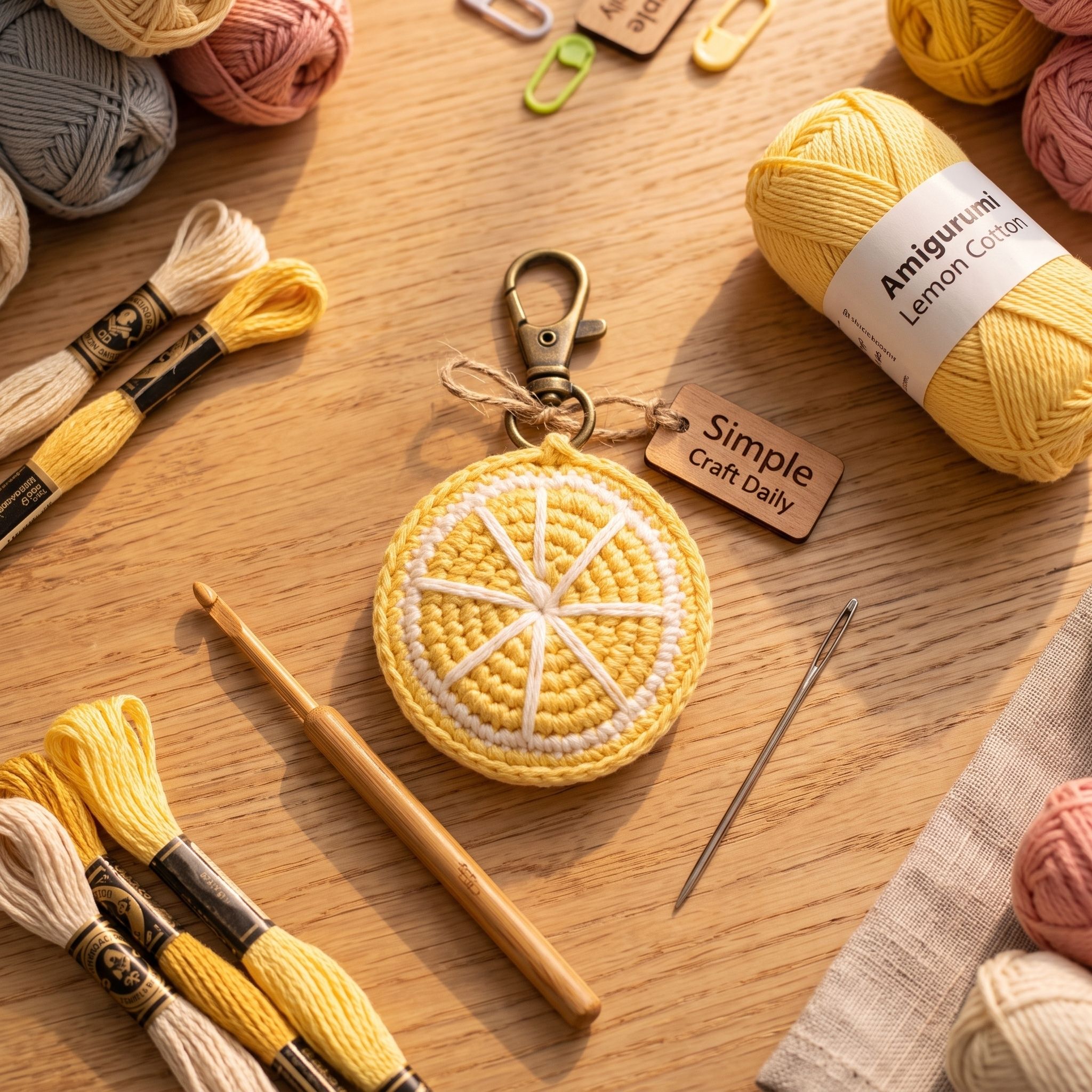Buttercup yellow lemon slice DIY crochet keychain with cream rind and stitched segments