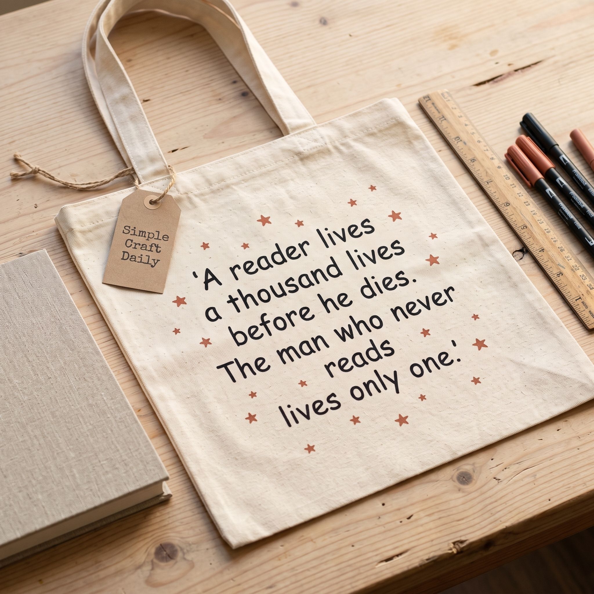 Canvas library tote with a handwritten book-lover quote and small stars
