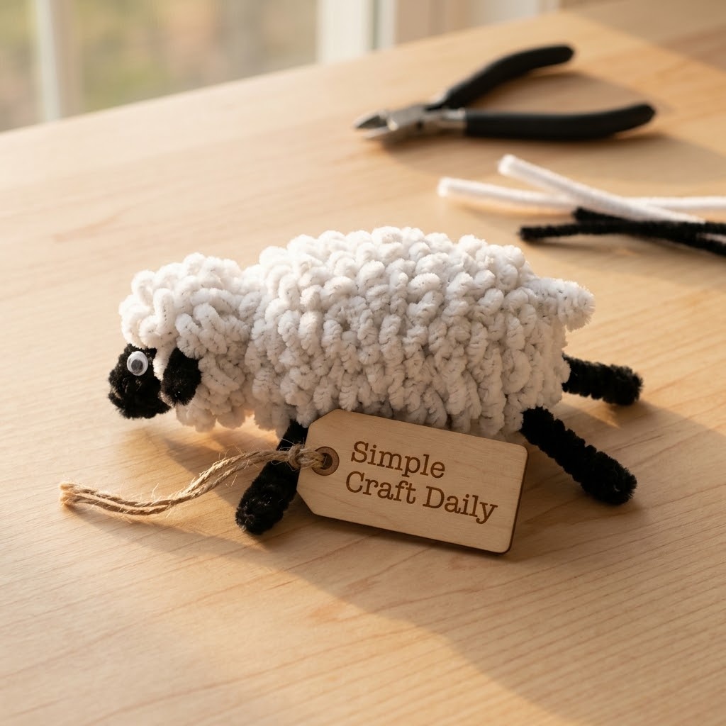 White chenille sheep with looped fleece texture and black legs
