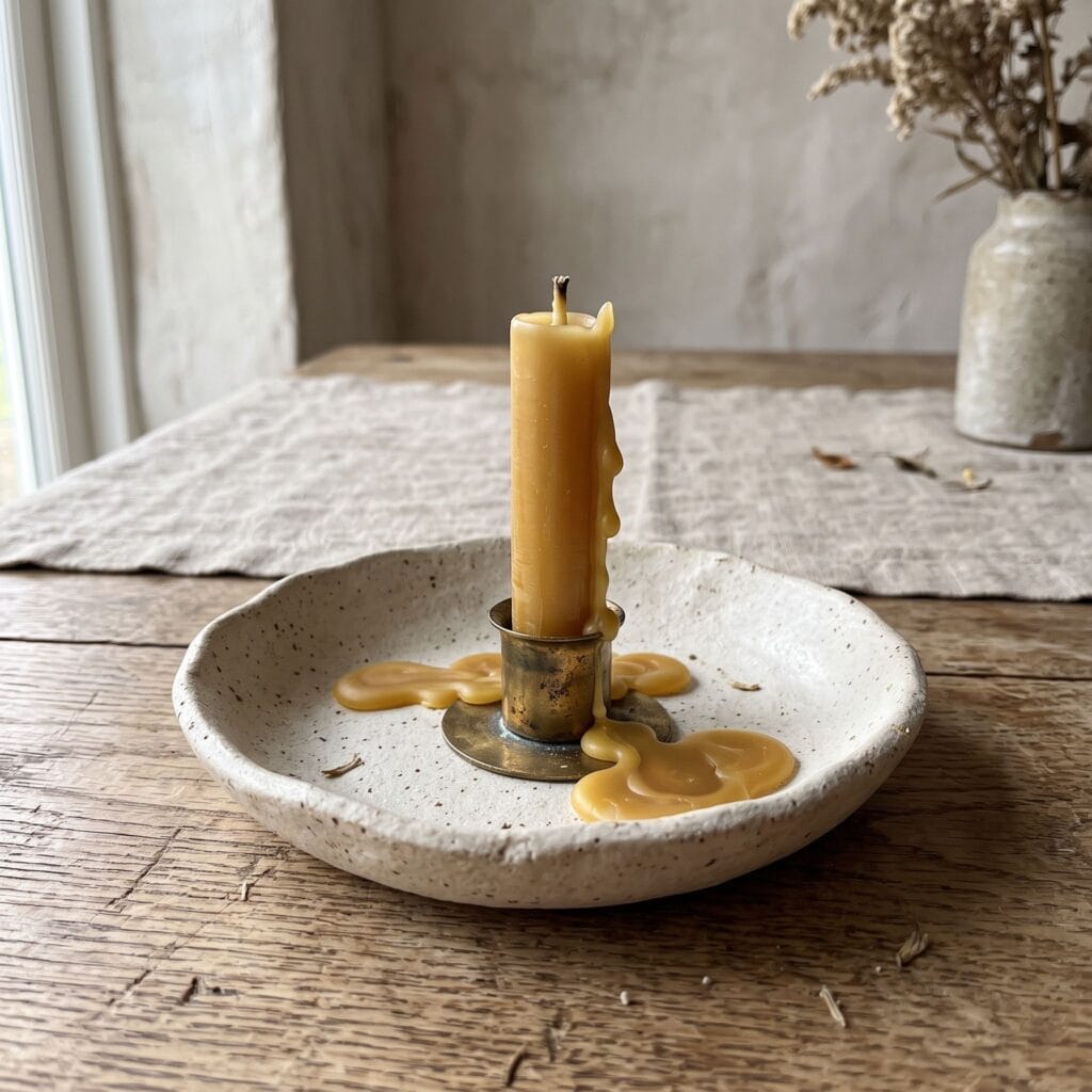 Relaxed wabi-sabi style organic off-white clay shallow dish candle holder with a central brass cup catching melted wax.
