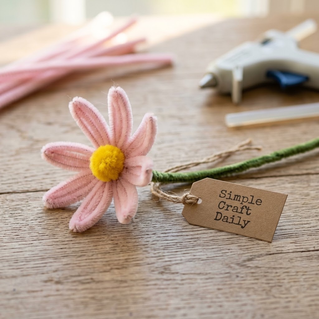 Pink cosmos flower with narrow chenille petals and a yellow pom pom center