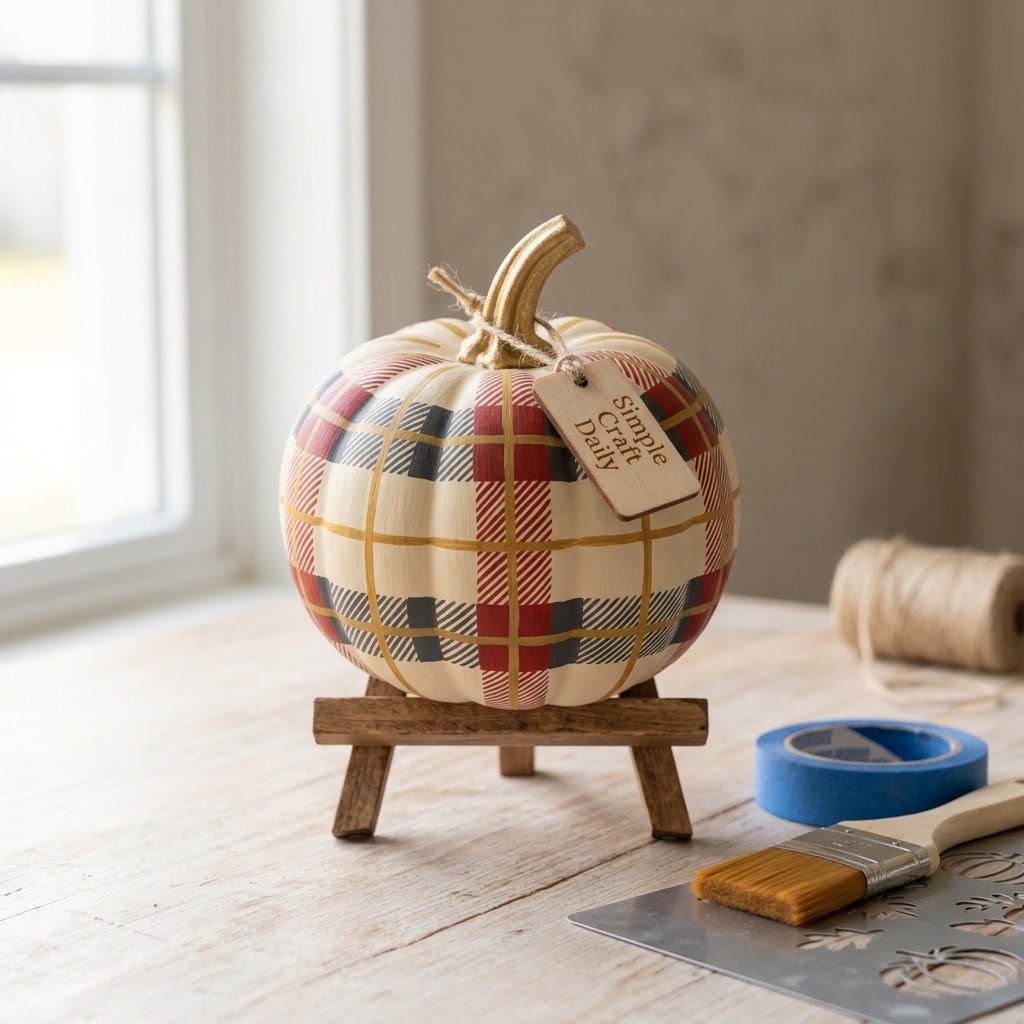 Cream pumpkin with a red, charcoal, and mustard hand-painted plaid pattern