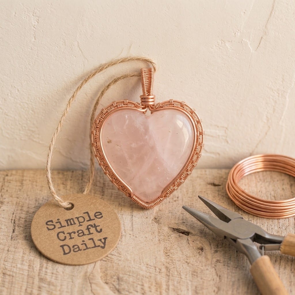 Rose quartz heart cabochon in a rose-gold copper heart wire frame