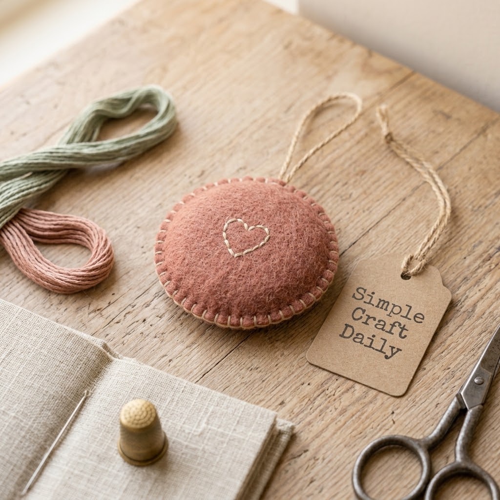 Rounded felt intention token with hand-stitched heart and jute hanging loop