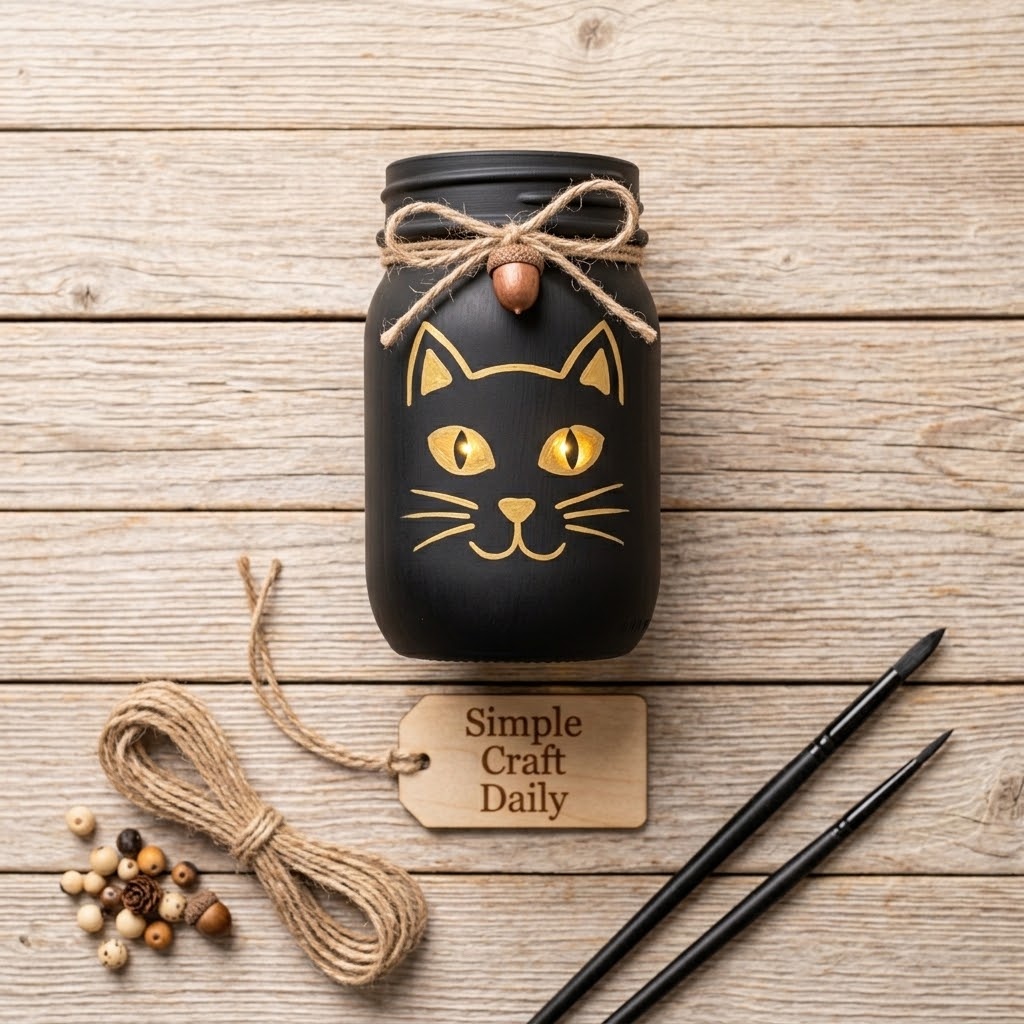 Matte black cat face mason jar lantern with painted golden eyes