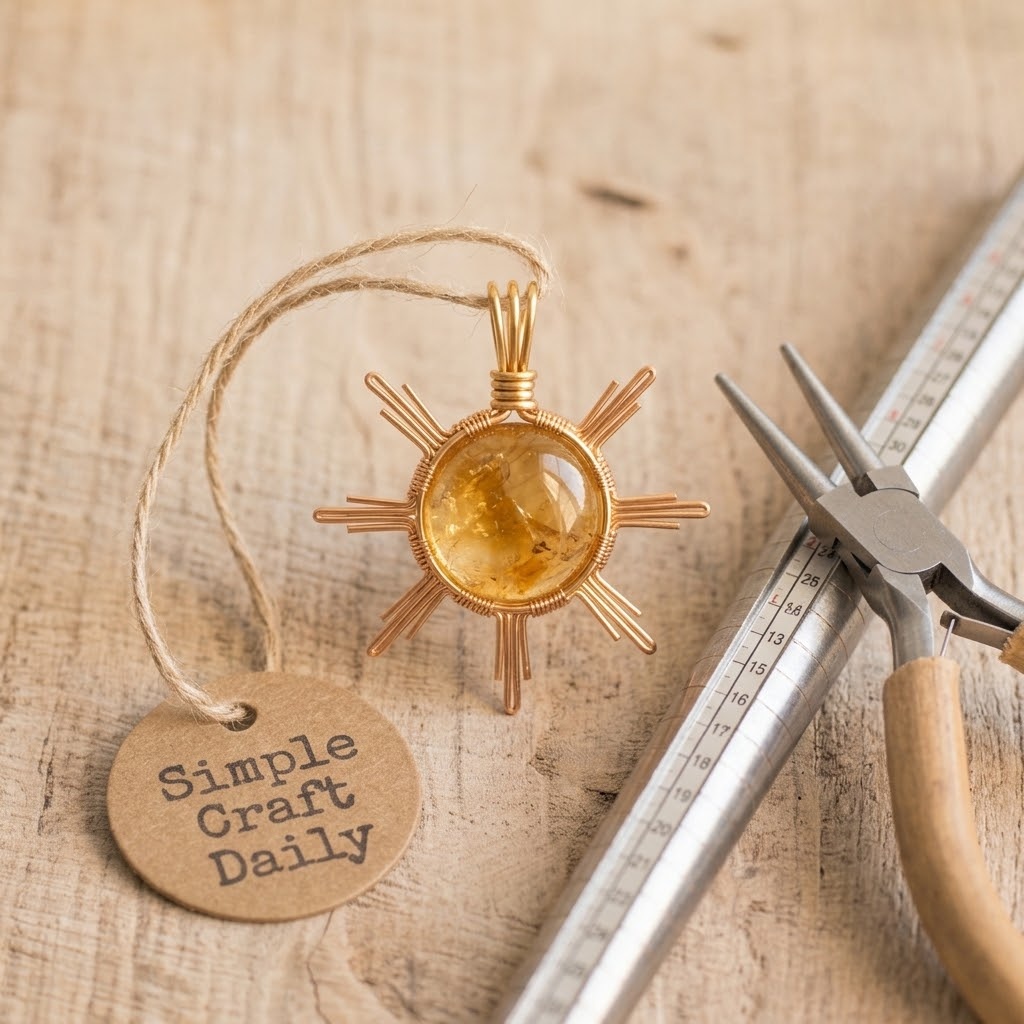 DIY wire wrap pendant with golden citrine cabochon and copper sunburst rays
