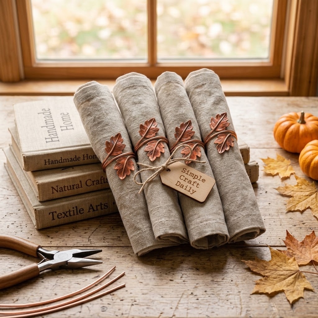 Handmade copper wire napkin rings with rust autumn leaves