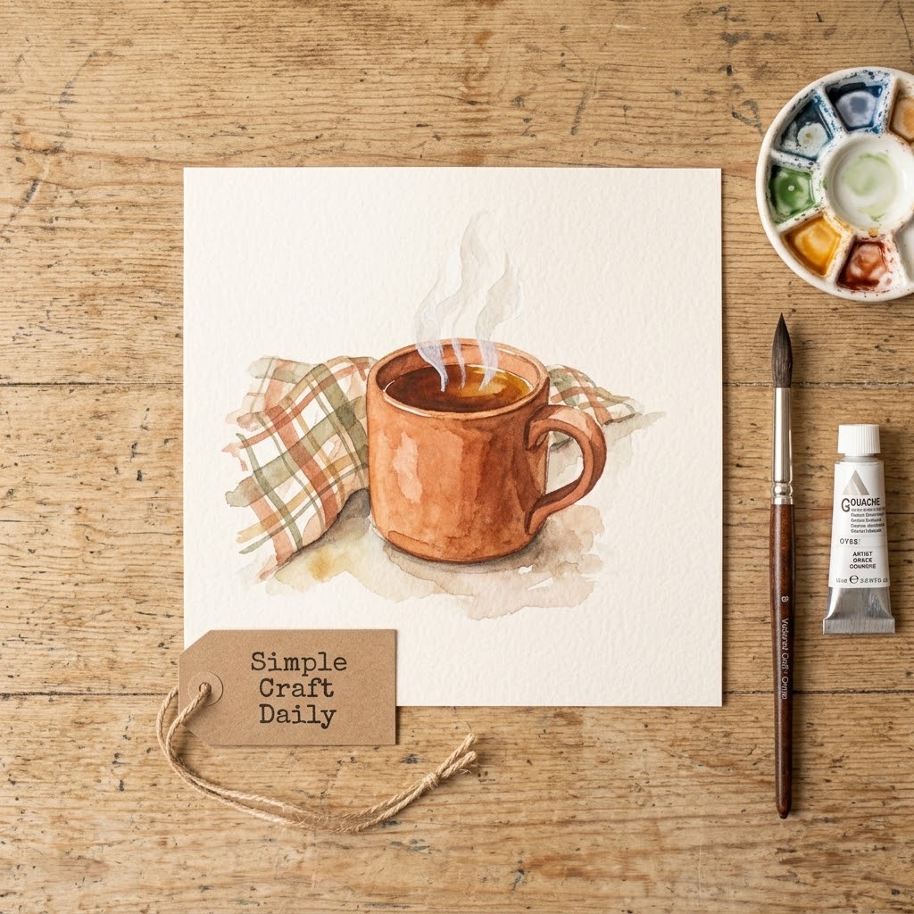 DIY autumn watercolor ideas featuring a terracotta tea mug and delicate painted steam.