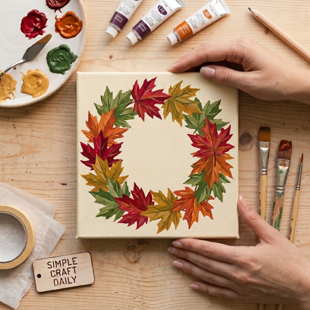 DIY fall canvas paintings maple leaf wreath in crimson and ochre