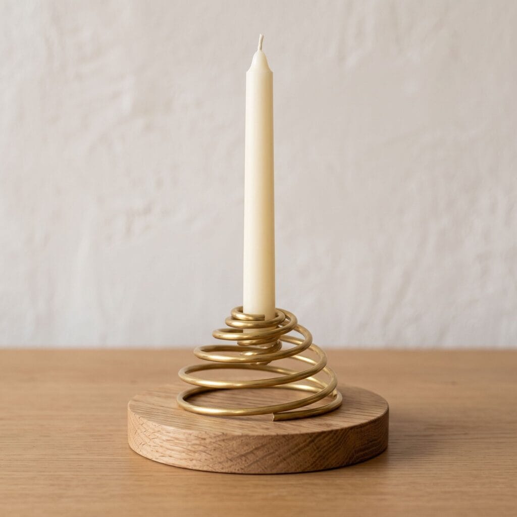 Minimalist sculptural candle holder bent from thick solid brass wire into an airy spring spiral, mounted into a small round oak base.
