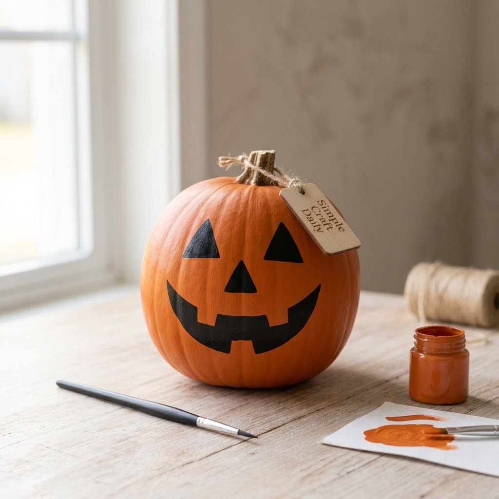 Pumpkin painting ideas with a bold black jack-o-lantern face on orange