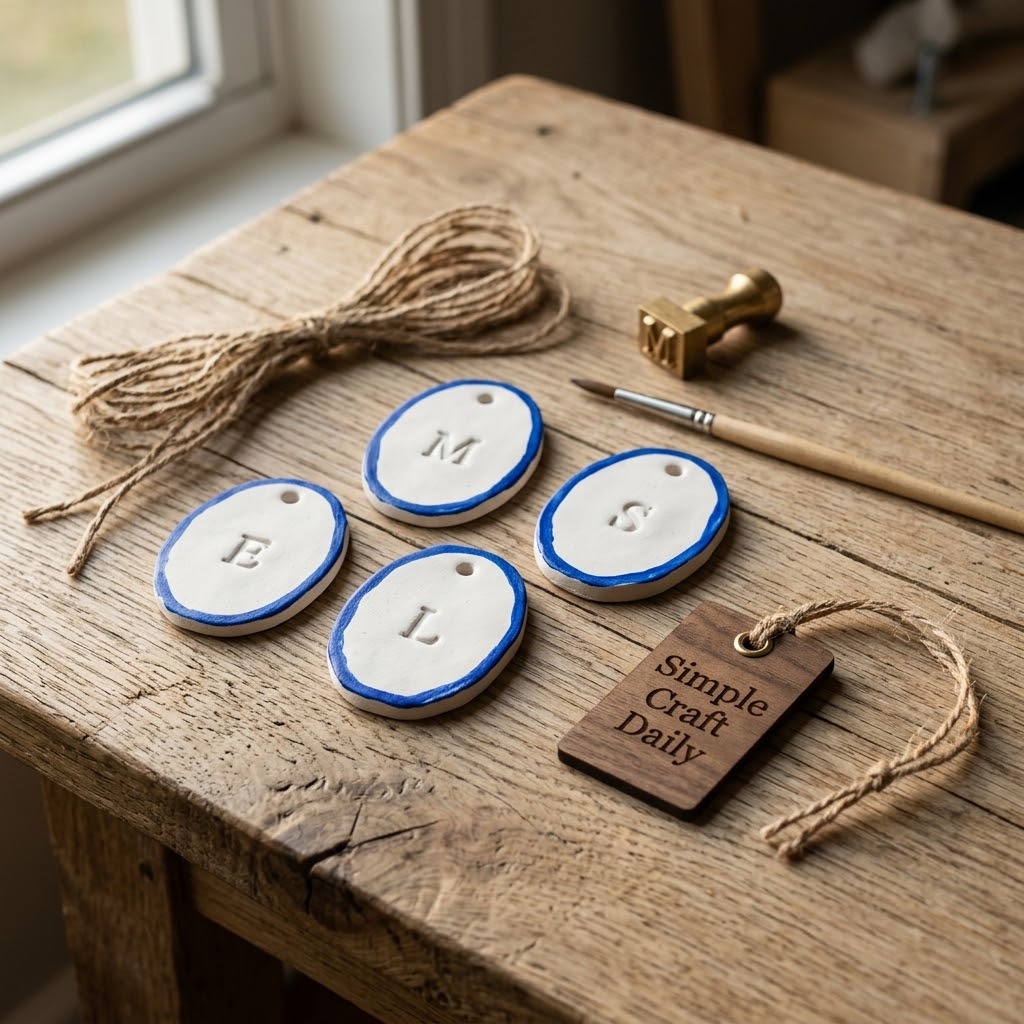 Easy air dry clay crafts monogram gift tags with cobalt painted edges