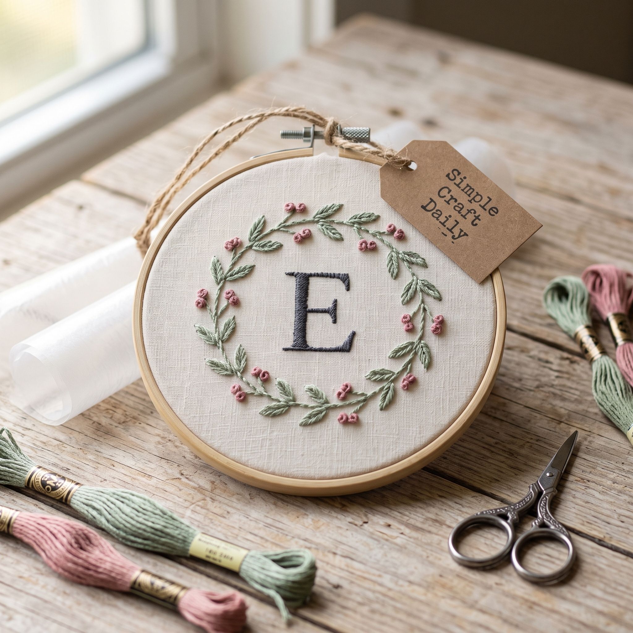 Charcoal monogram surrounded by sage leaves and dusty rose buds on cream linen