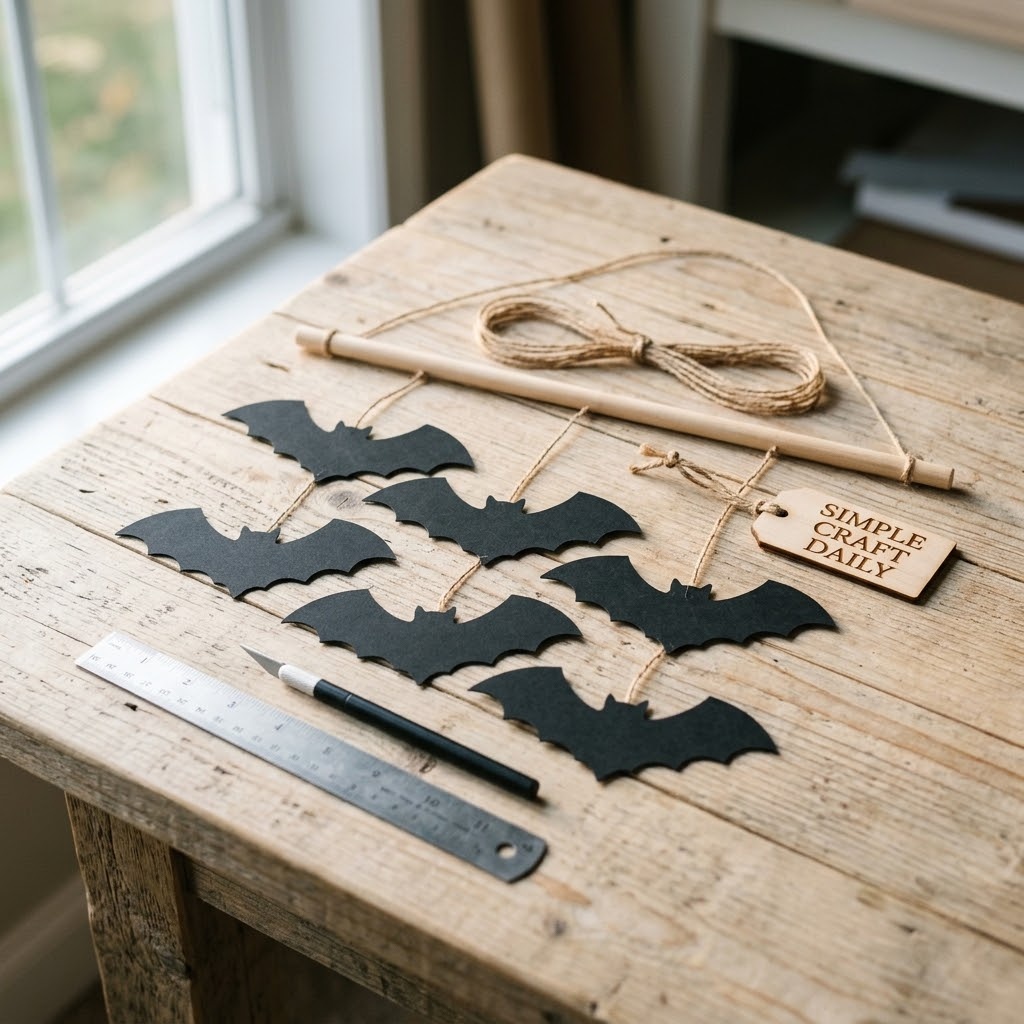 DIY cute Halloween decorations with a balanced black paper bat window mobile