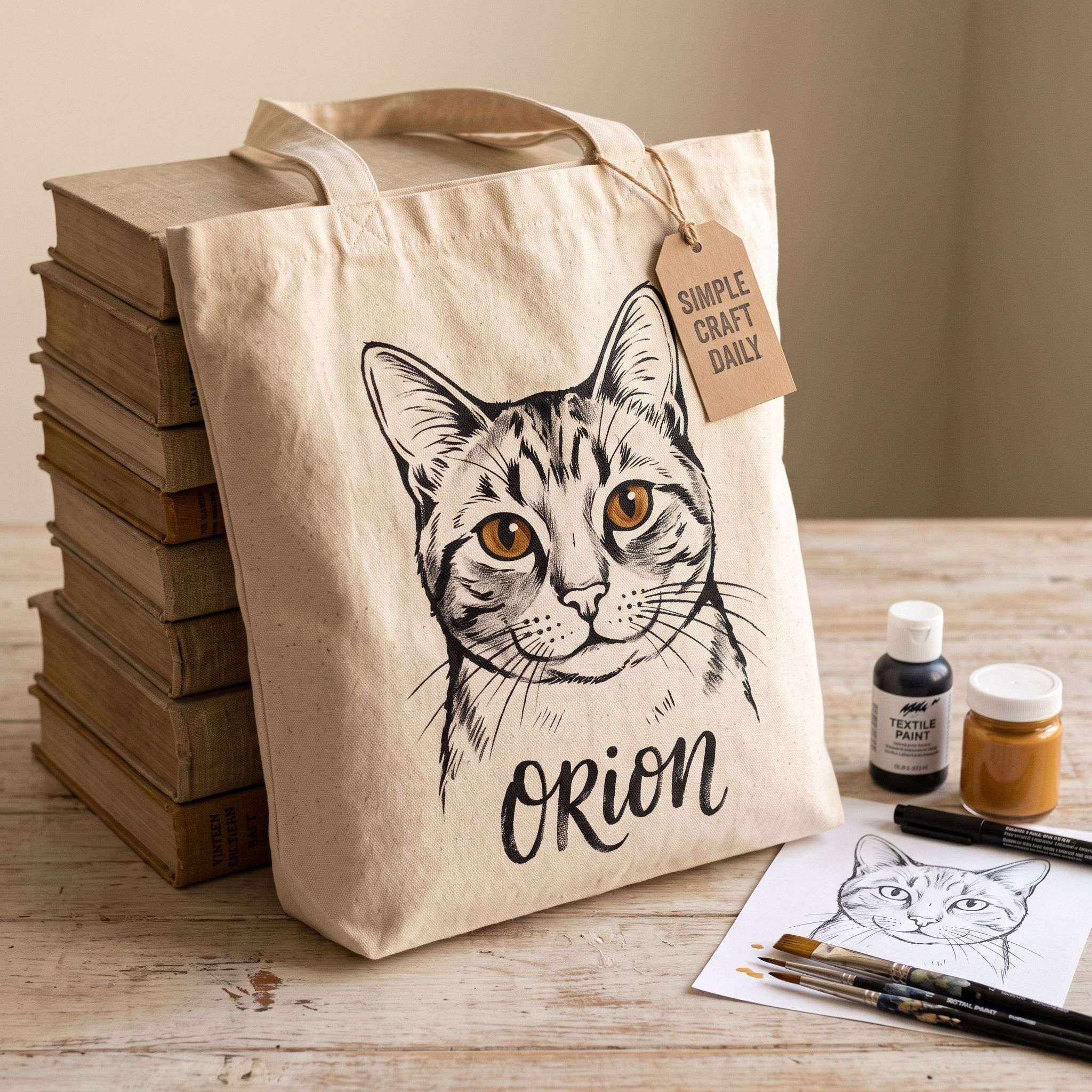DIY personalized tote bag with a painted black-and-white cat portrait