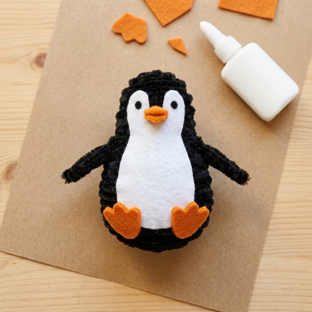 DIY pipe cleaner animals penguin with orange felt feet and white belly