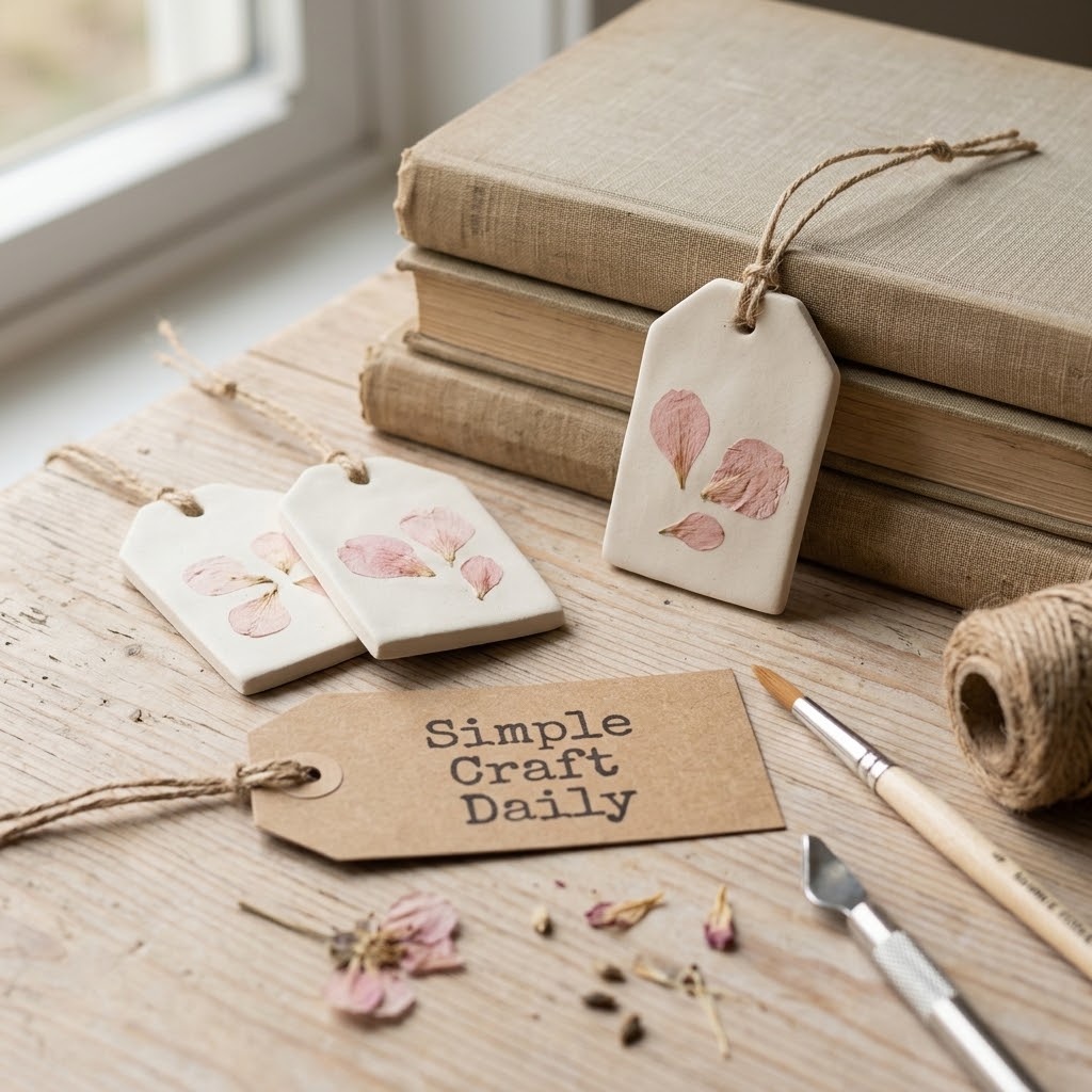 Ivory clay gift tags with blush pressed petals and natural jute ties