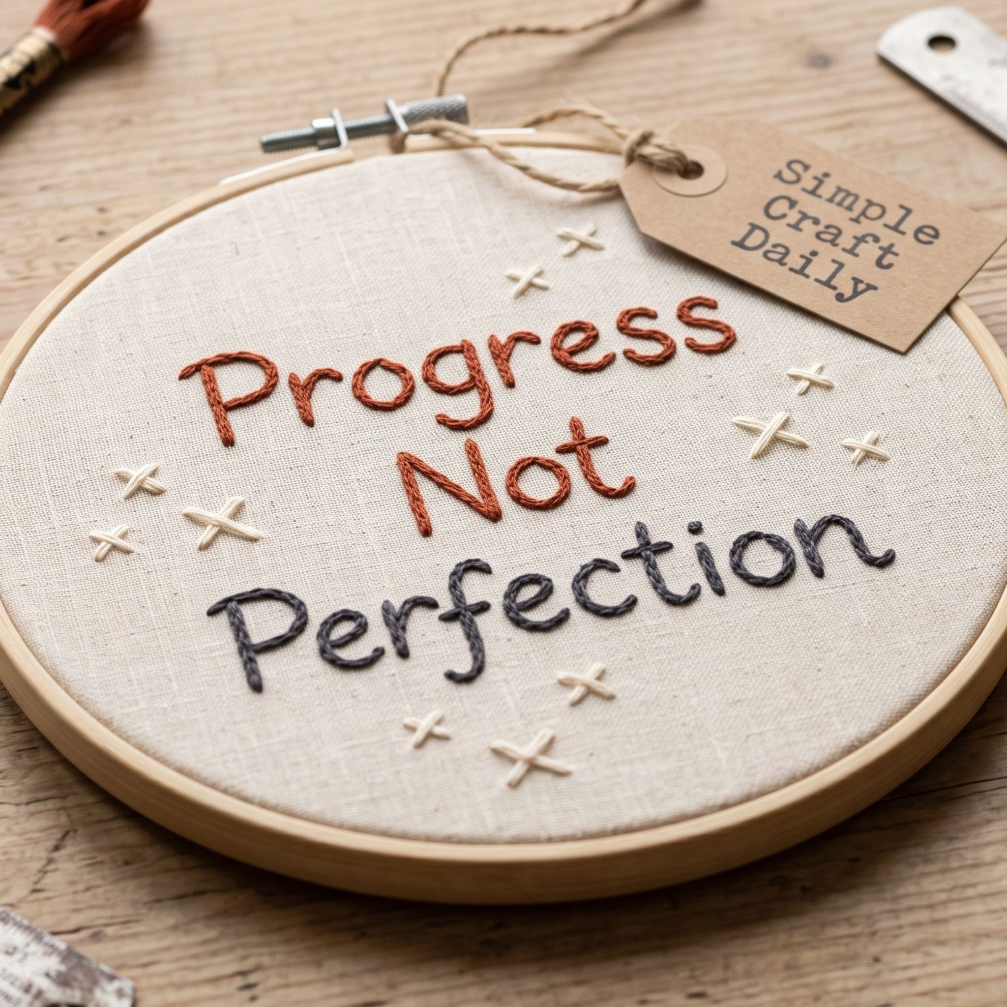 Progress Not Perfection embroidery hoop with rust lettering and cream stitch crosses
