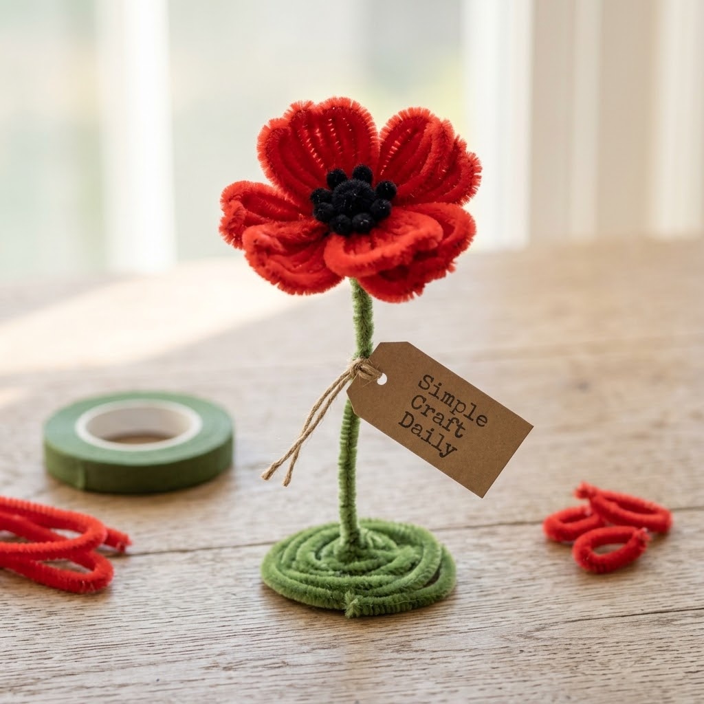 Red ruffled chenille poppy with black pom pom flower center