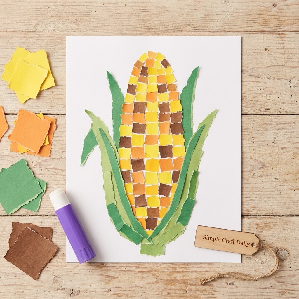 Fall crafts for kindergarten torn-paper corn mosaic in golden harvest colors