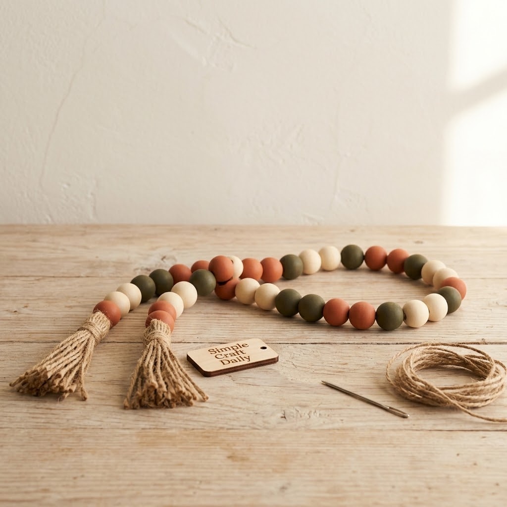 DIY fall decor wood bead garland in cream terracotta and olive