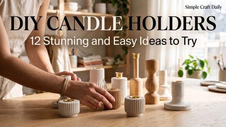 Handcrafted modern DIY candle holders made of clay, plaster, and wood styled on an organic wooden dining table.