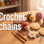 Eight colorful DIY crochet keychains arranged on a warm light wood craft table