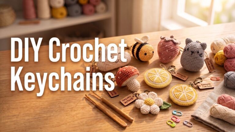 Eight colorful DIY crochet keychains arranged on a warm light wood craft table