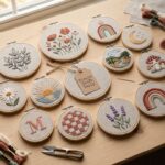 Editorial cover showing 12 DIY embroidered hoop art designs on a light wood craft table