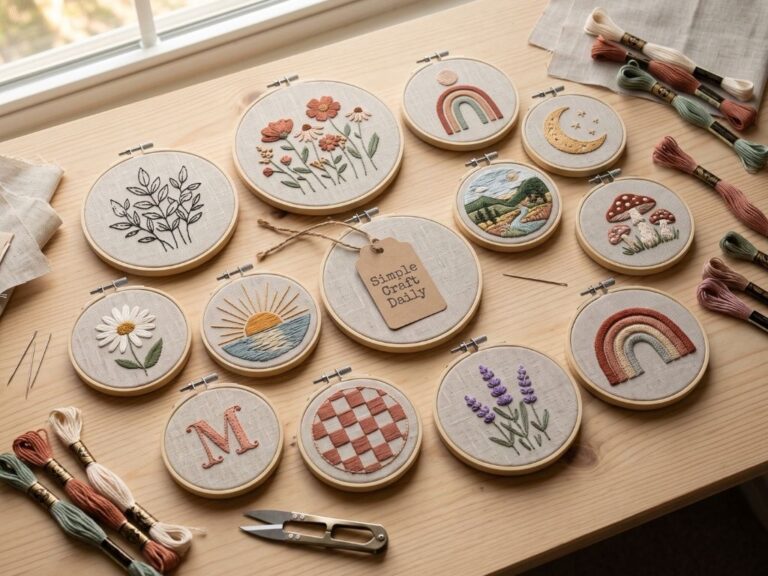 Editorial cover showing 12 DIY embroidered hoop art designs on a light wood craft table