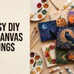 DIY fall canvas paintings collection with pumpkins cats and haunted houses