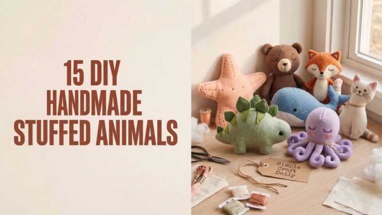 DIY Handmade Stuffed Animals collection with fleece and felt plushies on a craft table