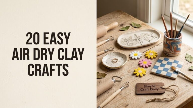 Easy air dry clay crafts collection with colorful beginner projects on a wood table