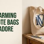 Four personalized DIY tote bag ideas shown in an editorial craft studio layout