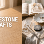 Split screen showing Rhinestone Crafts text on wood and a collection of bedazzled items.