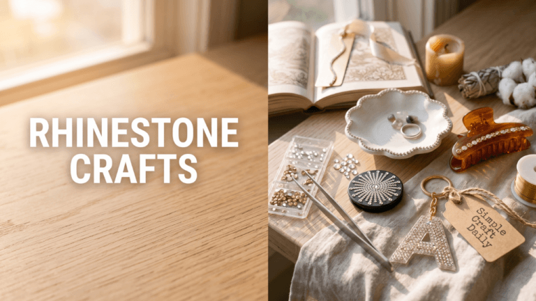 Split screen showing Rhinestone Crafts text on wood and a collection of bedazzled items.