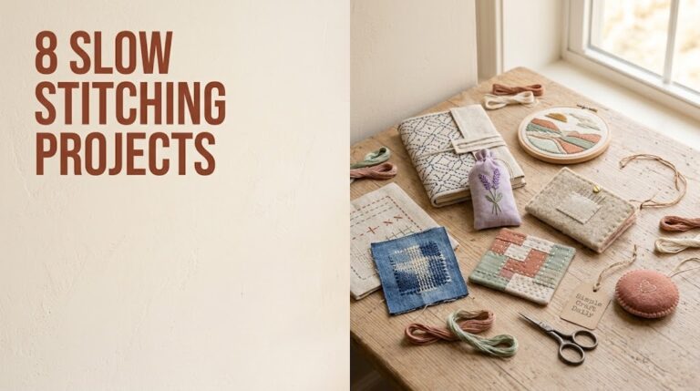 Slow stitching projects collection with linen sampler, visible mend, and textile keepsakes