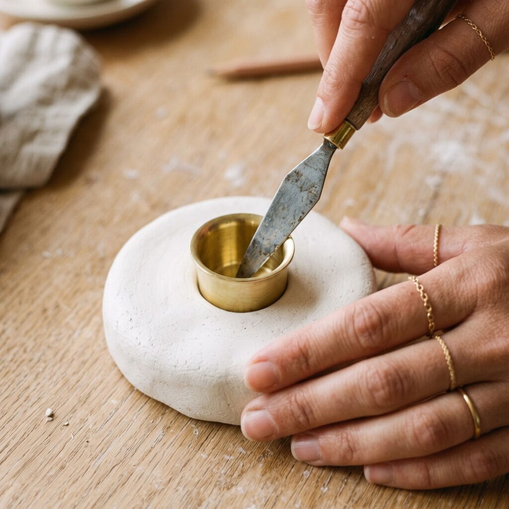 Close-up action shot of firmly seating a polished brass candle cup into the top socket of a white air-dry clay base using clear epoxy.