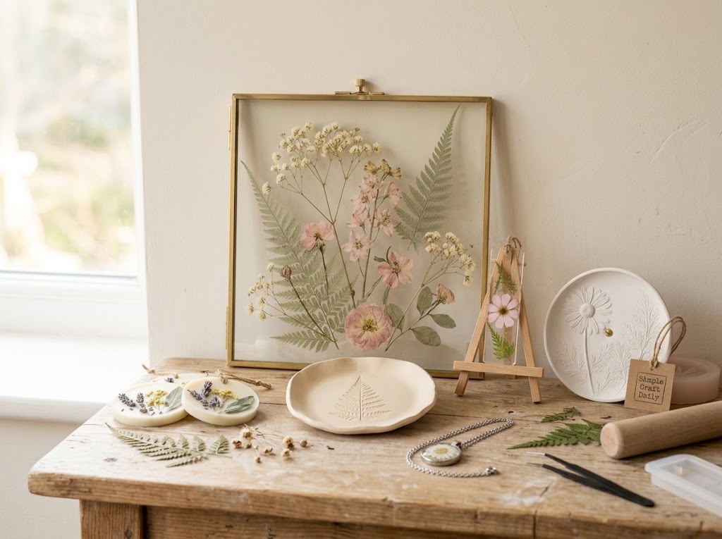 Botanical DIY decor collection with pressed flower frame, wax sachets, clay dish, and resin bookmark