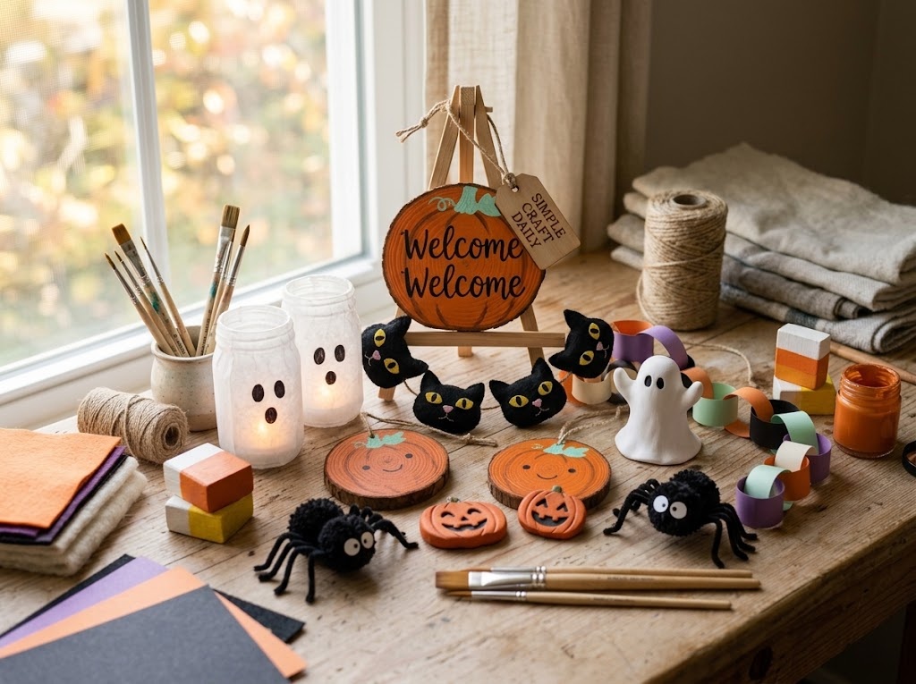 DIY cute Halloween decorations arranged as a cheerful handmade tabletop collection