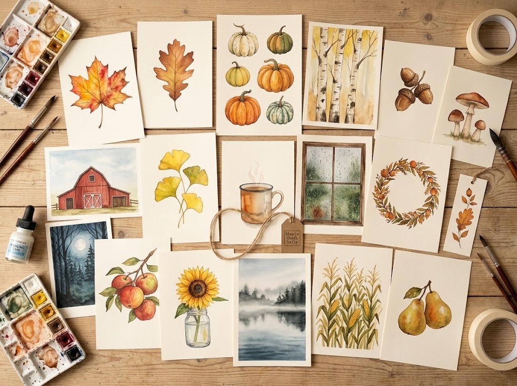DIY autumn watercolor ideas collection with 18 warm seasonal paintings on a craft table.