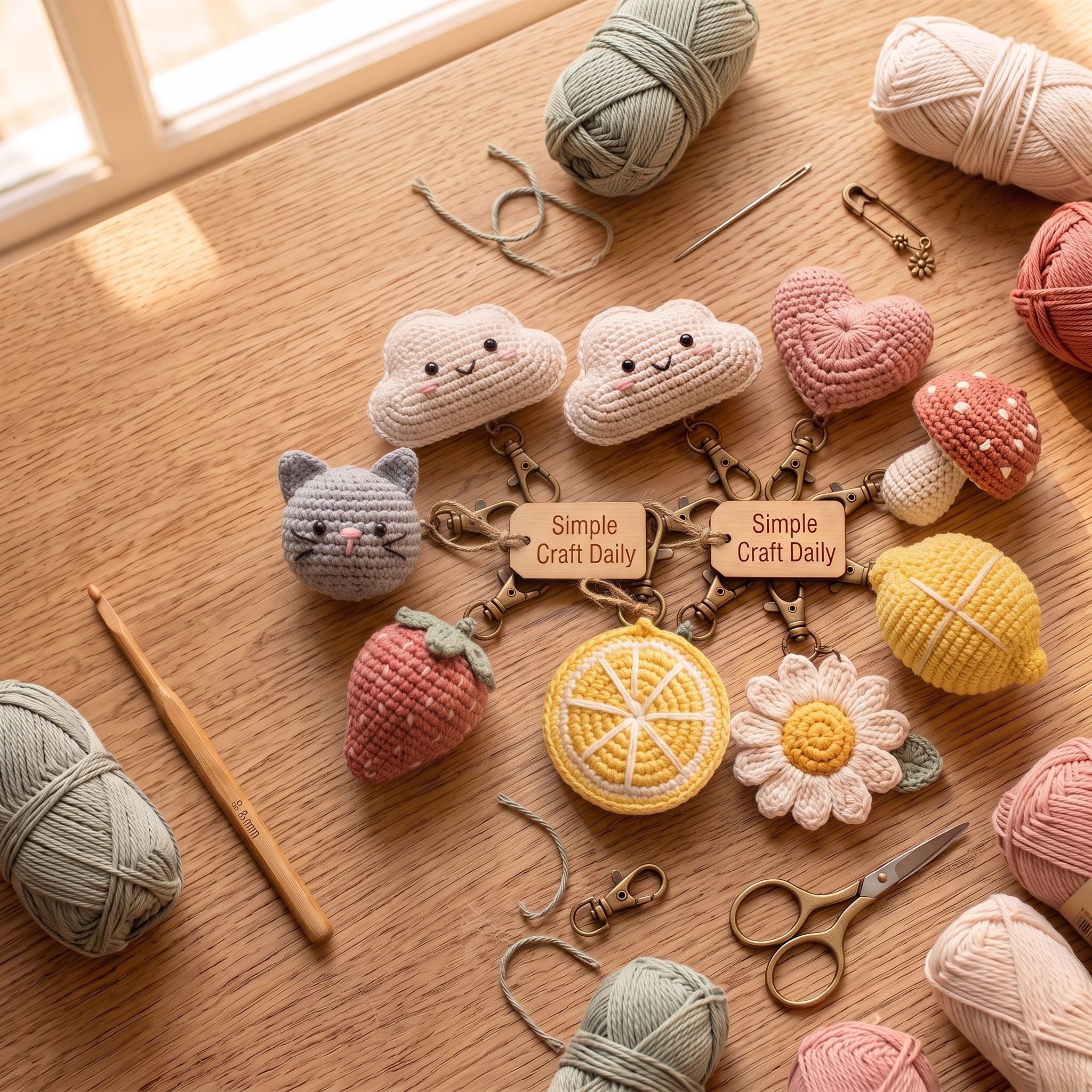 Handmade DIY crochet keychains in soft muted colors on a light wood crafting table