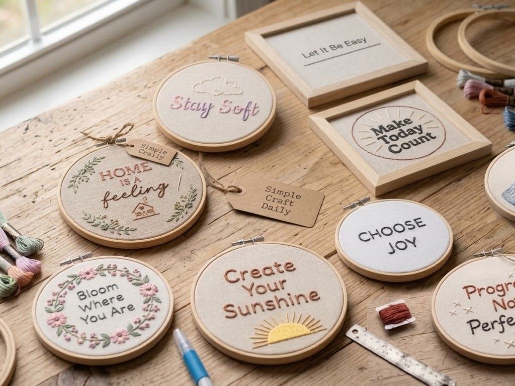DIY embroidered wall art collection of ten inspirational quote hoops on a wood craft table