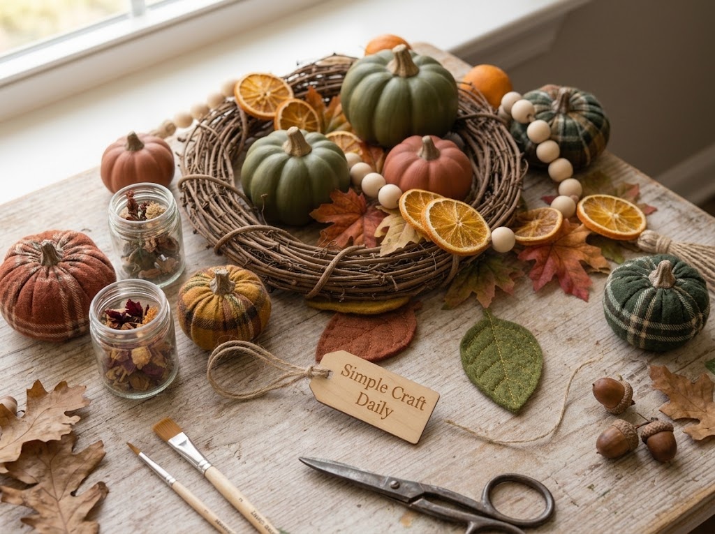 DIY fall decorations collection on a warm wood craft table