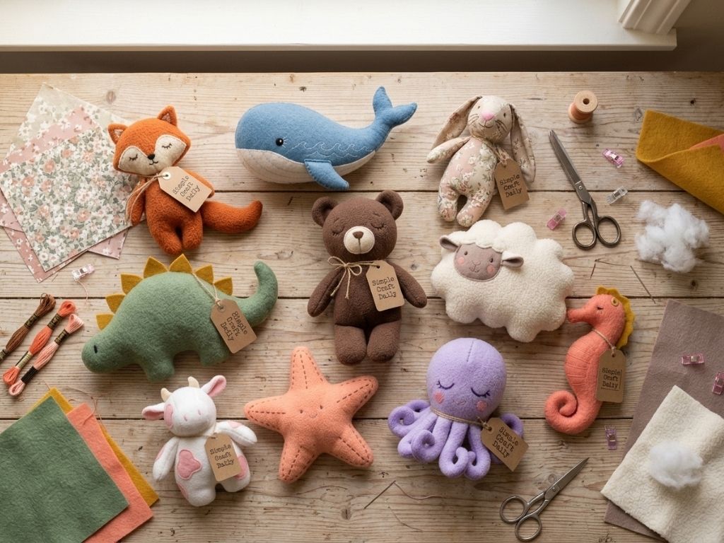 DIY Handmade Stuffed Animals collection arranged with fleece felt and sewing tools