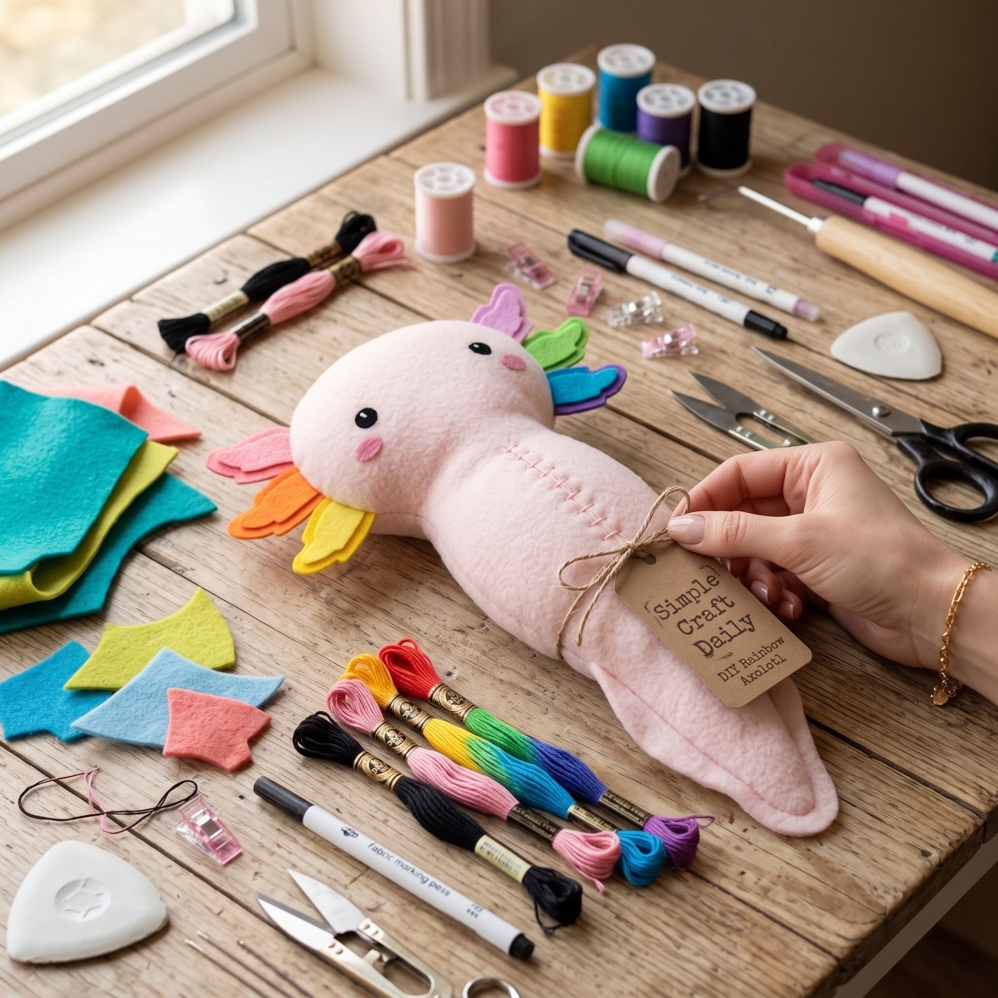 An overhead shot of a handmade pink axolotl plush with colorful rainbow felt gills resting on a rustic wooden craft table. A female hand holds a brown paper tag attached to the plush that reads "DIY Rainbow Axolotl." Scattered sewing supplies, including skeins of colorful embroidery thread, thread spools, scissors, felt scraps, and fabric markers, surround the main subject under natural daylight.